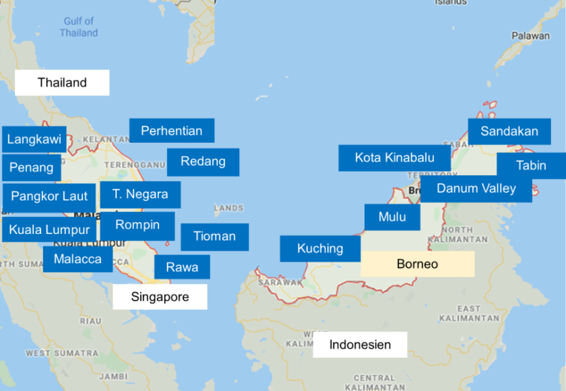 Kort over rejsermål i Malaysia