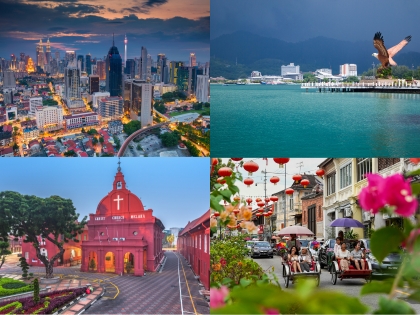 Fotocollage med bybilledet i Kuala Lumpur, Langkawis kystudsigt, Stadthuys i Malacca og trishaw-forlystelser i George Town, Penang