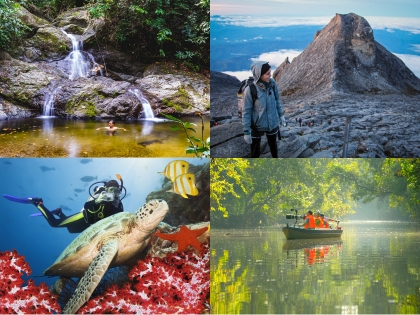 Fotocollage med et vandfald i Danum-dalen, en klatrer på toppen af Mount Kinabalu, skildpadder under dykning i Sipadan og en Kinabatangan-flodkrydstogt