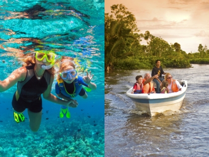 En collage, der viser mor og barn, der dykker i Semporna, og en familie på et Kinabatangan-flodkrydstogt.